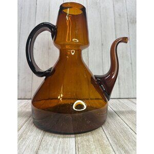 Vtg Amber Blown Glass Tea Pot with Handle 9" Tall Retro Style Home Decor